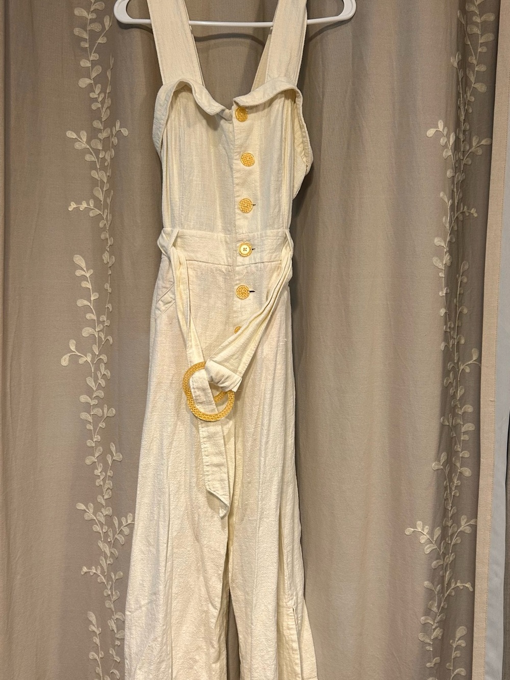 Anthropologie Cream Button-Front Wide-Leg Jumpsuit with Belt